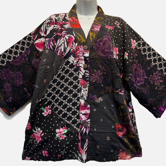 Nwt SACRED THREADS patch hippie boho funky rayon kimono TOP TUNIC 2X - Picture 1 of 3
